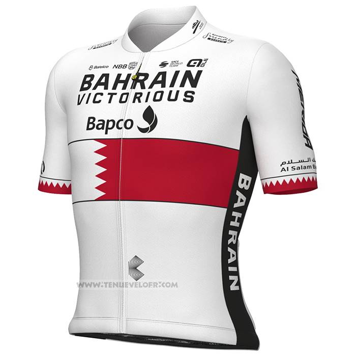 2023 Maillot Cyclisme Bahrain Champion Bahrain Victorious Blanc Rouge Manches Courtes et Cuissard
